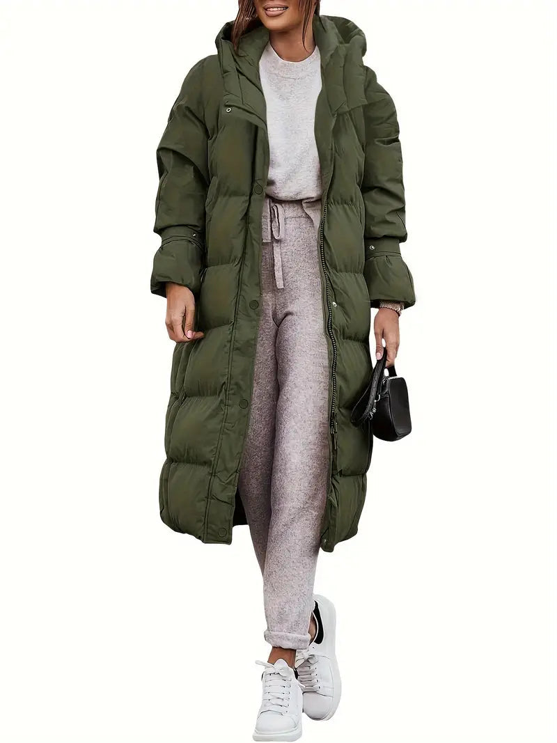 Long Women’s Puffer Coat with Hood and Warm Insulation
