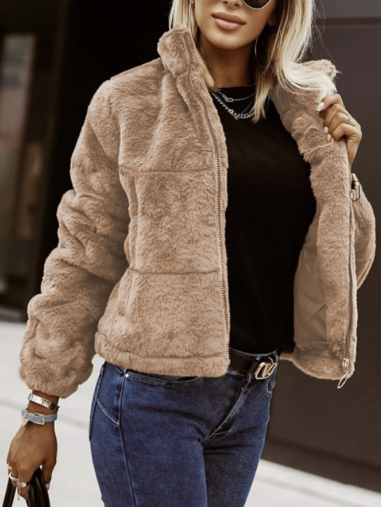 Teddy Fleece Winter Jacket for Women with Zipper and High Collar