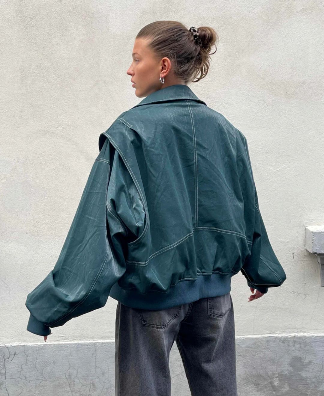 Oversized Faux Leather Bomber Jacket with Contrast Stitching