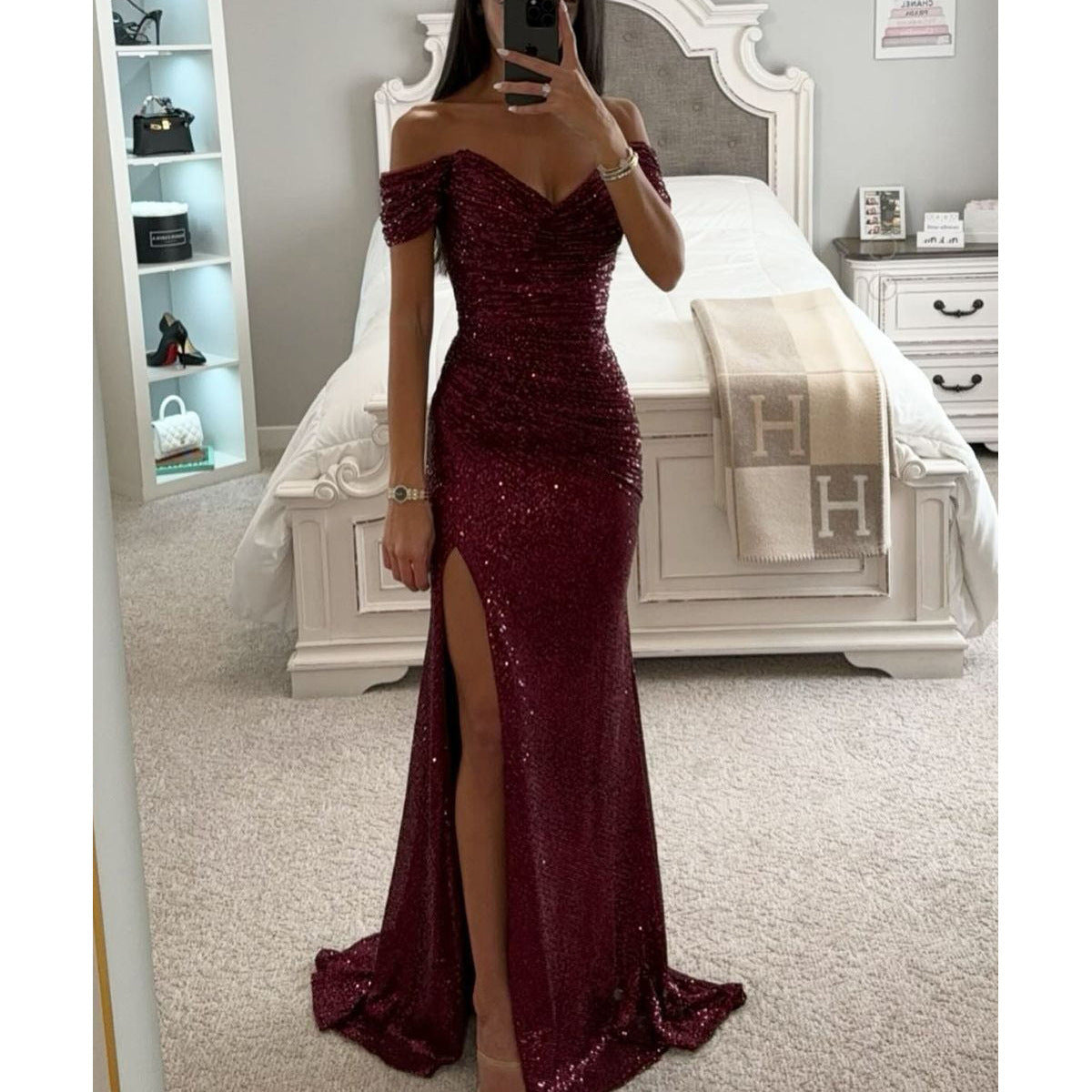 Sequin Evening Maxi Dress with Slit and Off-Shoulder Design