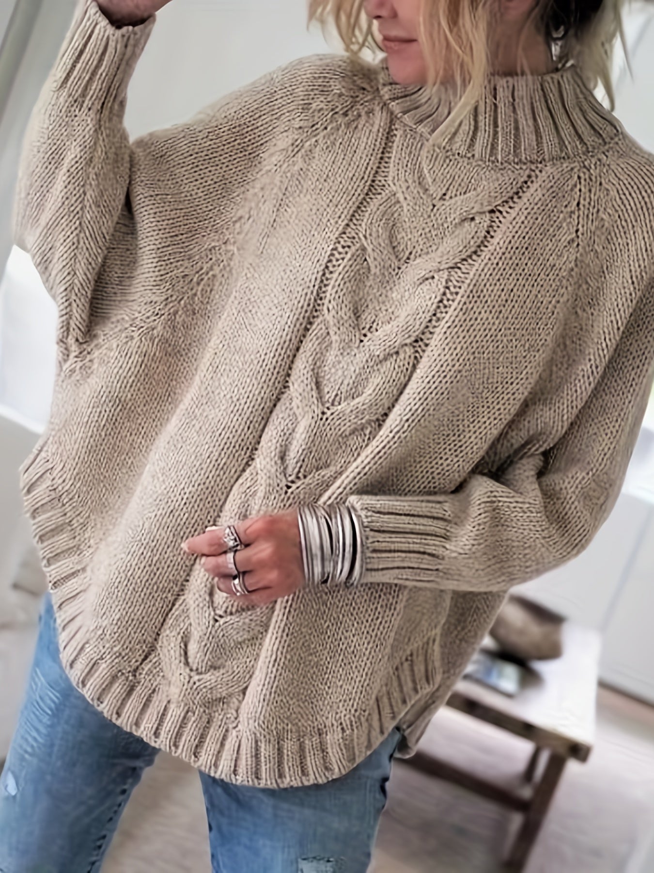 Stylish Women’s Turtleneck Sweater with Cable Knit and Wide Sleeves