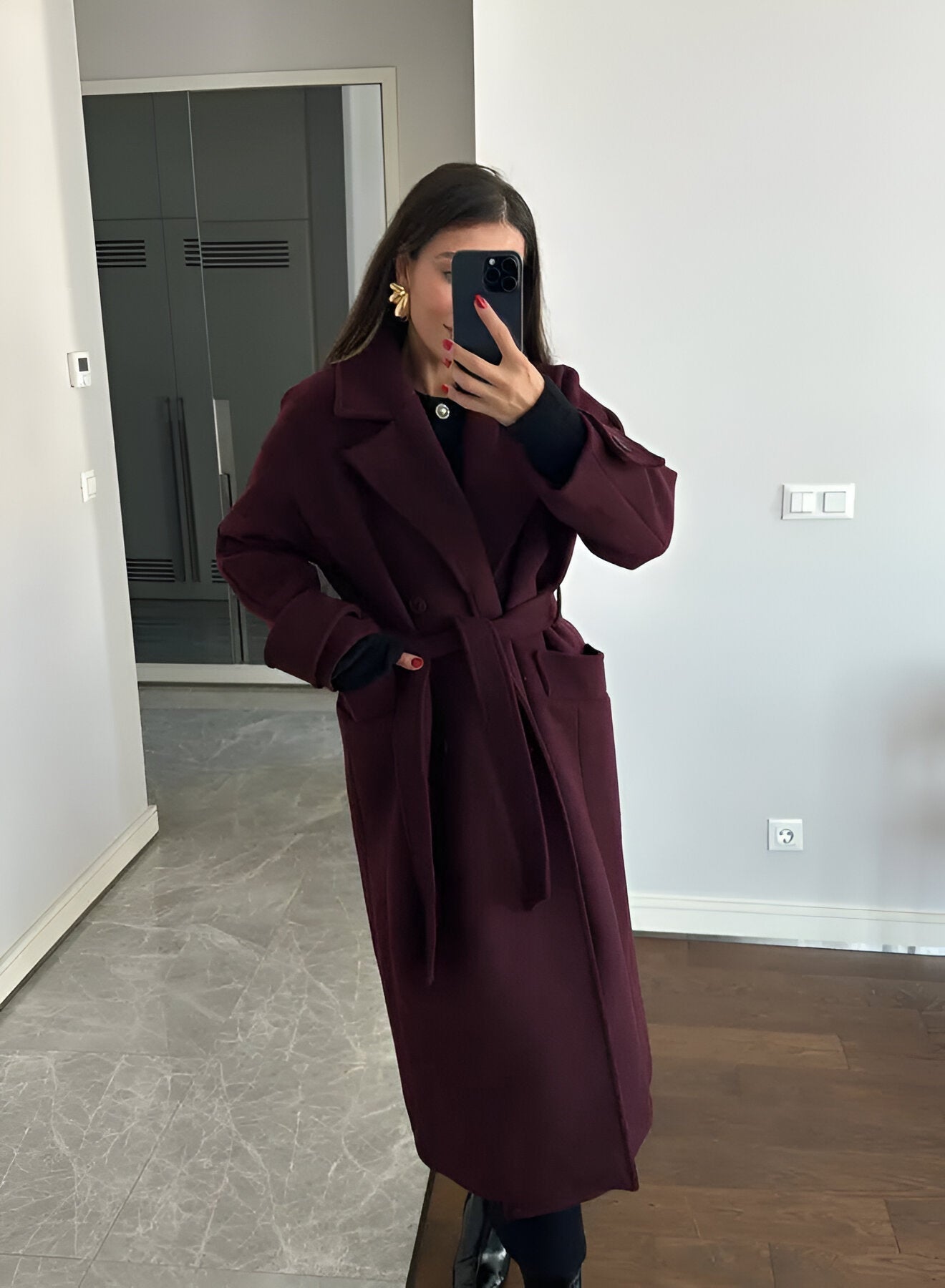 Elegant Long Burgundy Coat for Women