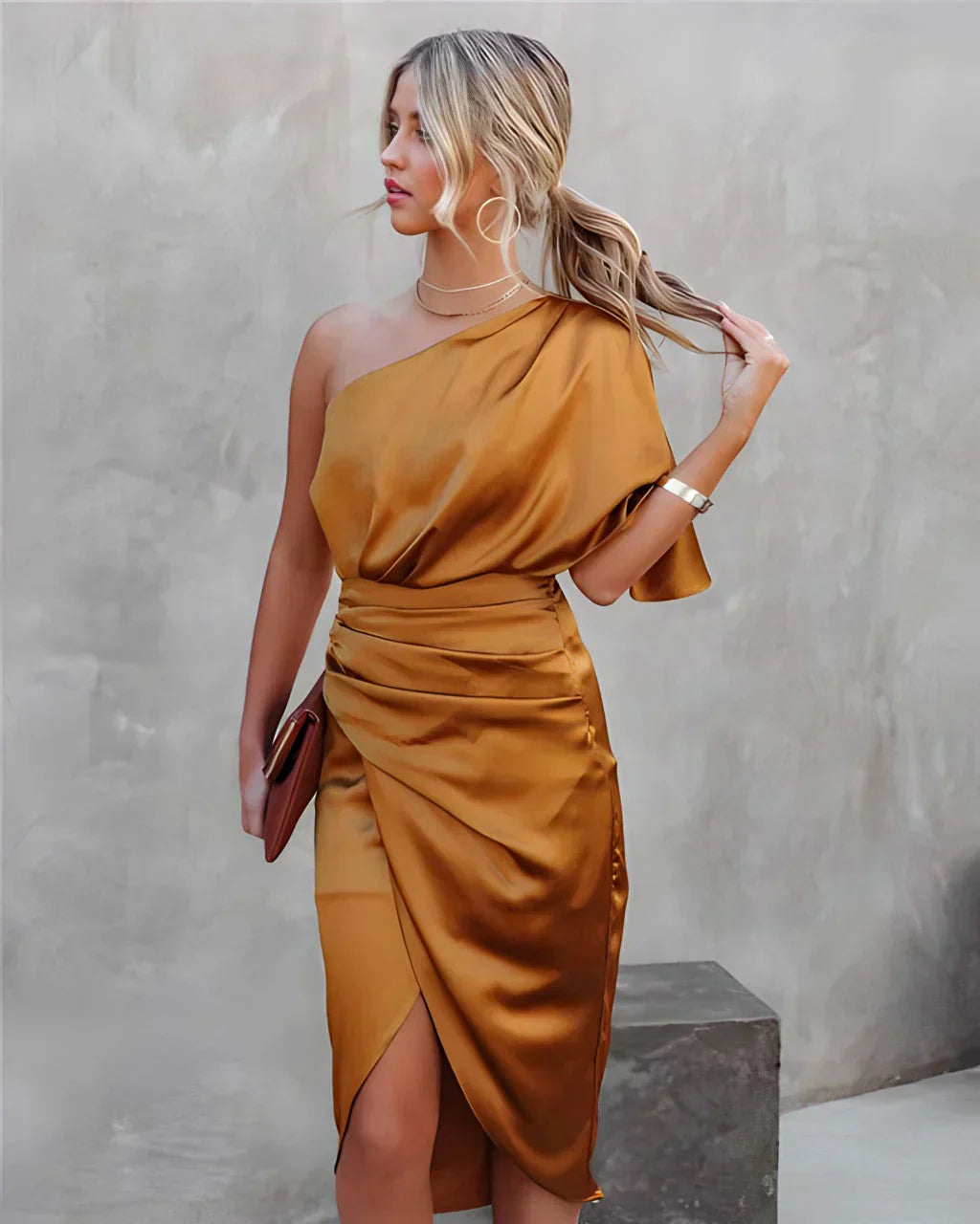 Satin Midi Dress for Women with One Shoulder and Draping