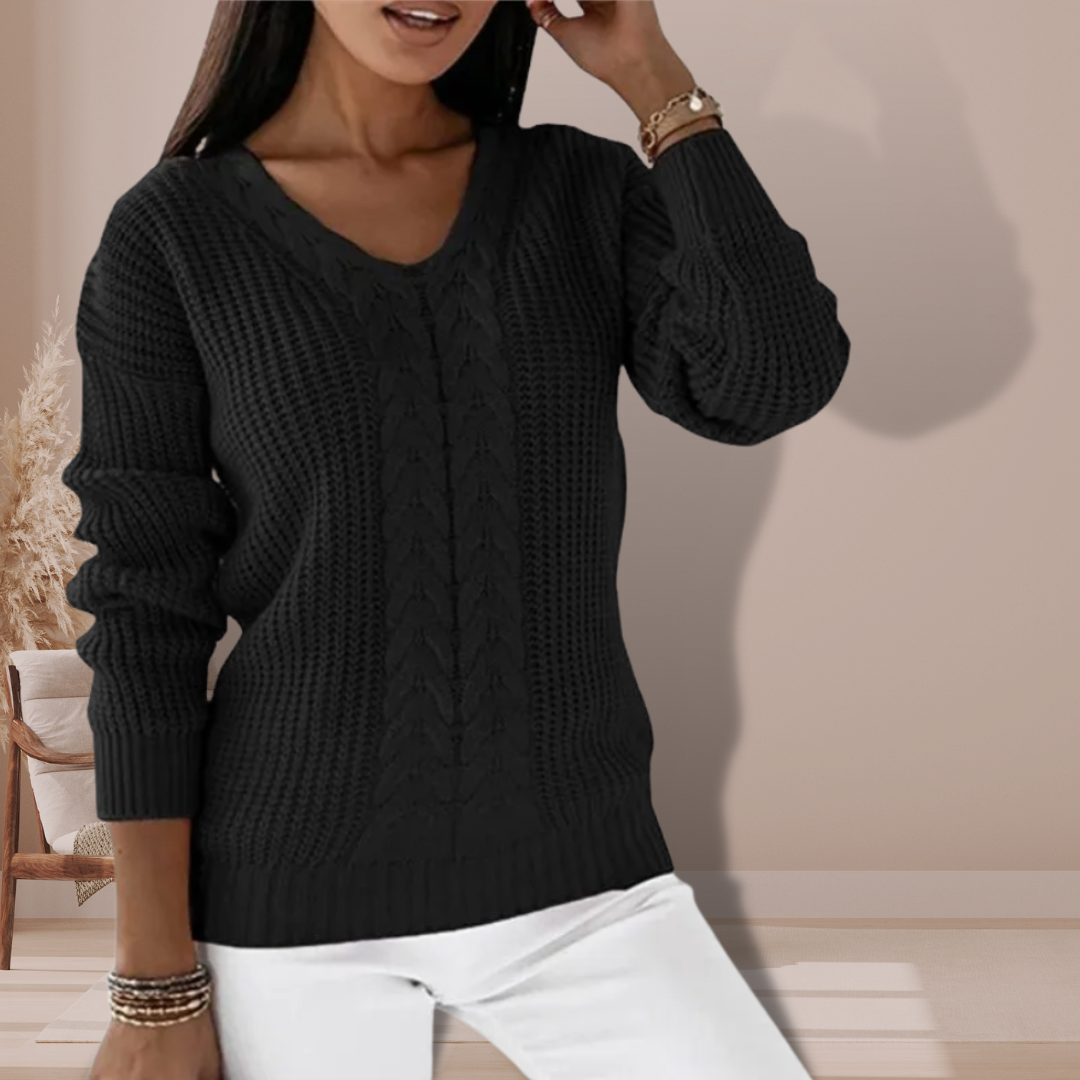 Soft Women’s Knit Sweater with V-Neck and Cable Pattern