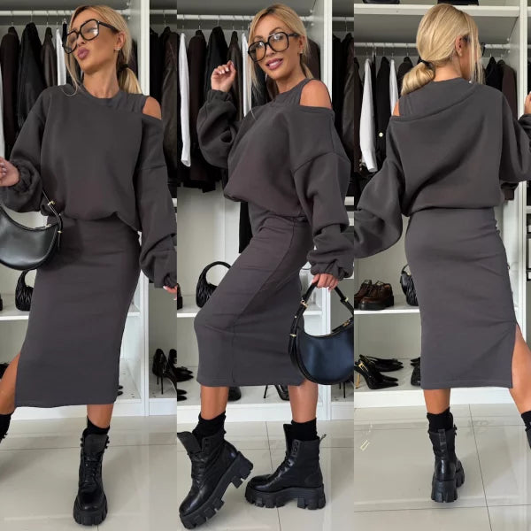 Knitted Women's Two-Piece Set with Oversized Sweater and Slit Midi Skirt