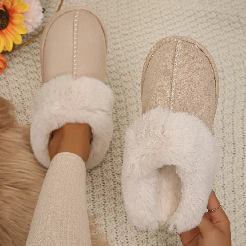 Women’s Beige Fluffy Slippers with Non-Slip Sole and Warm Lining