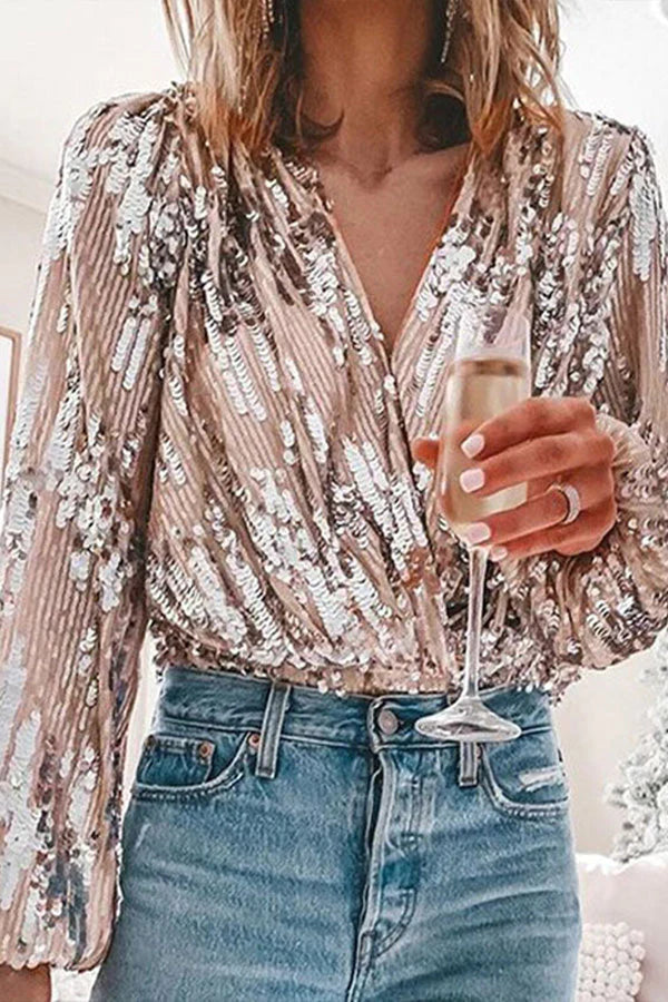 Festive Women’s Blouse with Glitter Sequins and Long Sleeves