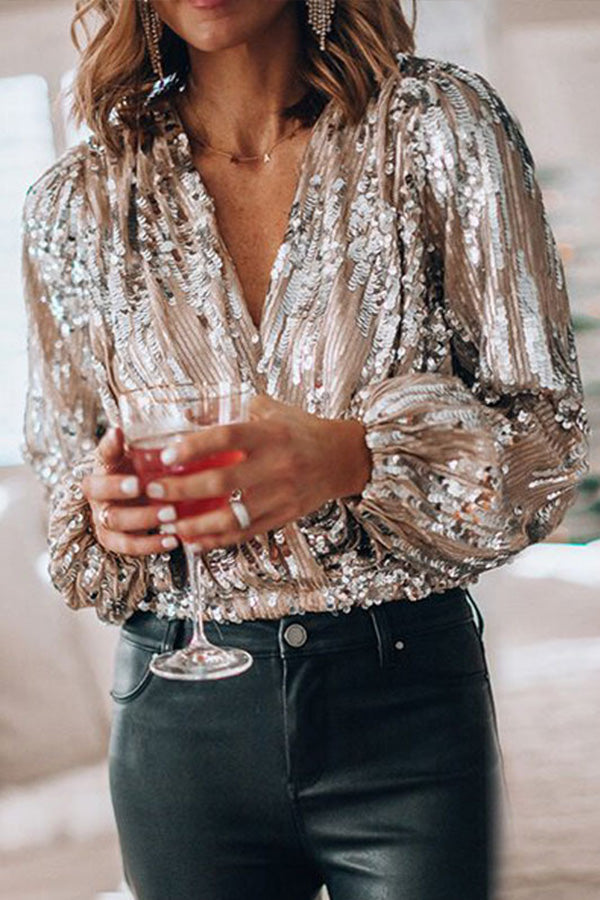 Festive Women’s Blouse with Glitter Sequins and Long Sleeves