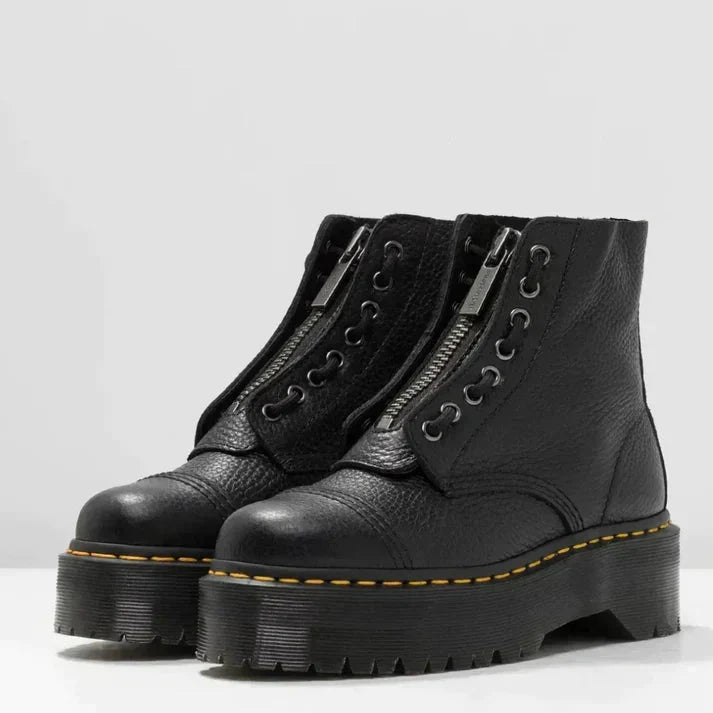 Black Women’s Combat Boots with Platform Sole and Front Zipper